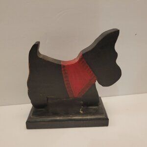 Handcrafted Wooden Scottie Dog Figurine With Red Accents 7.5"
